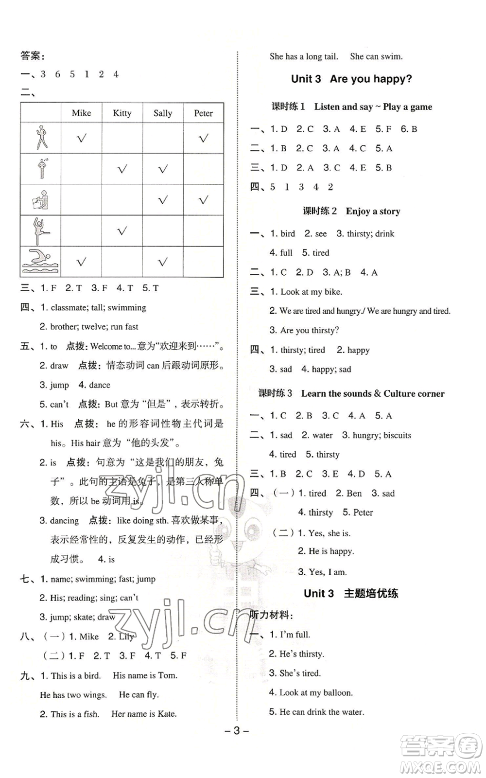 陜西人民教育出版社2022秋季綜合應用創(chuàng)新題典中點三年級起點四年級上冊英語滬教版參考答案