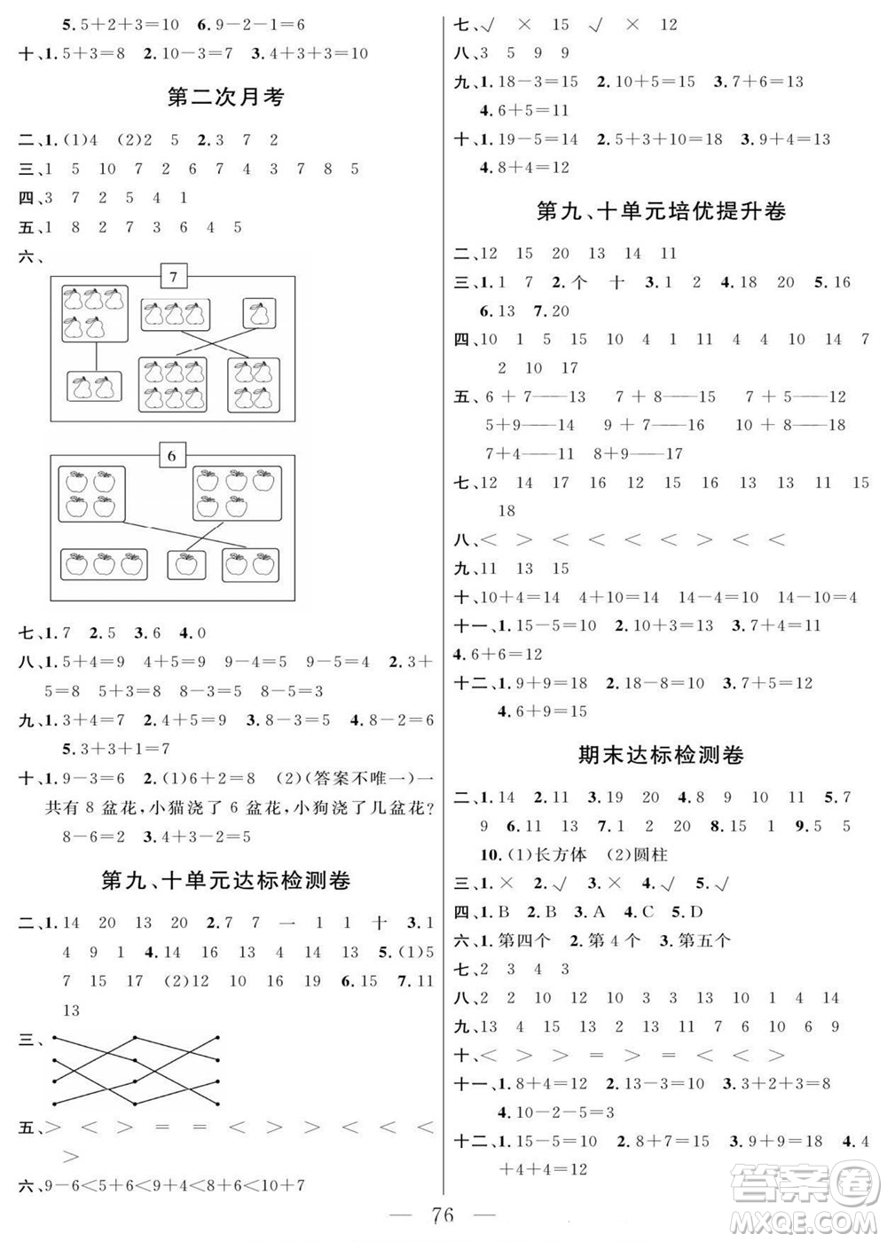 陽(yáng)光出版社2022名師面對(duì)面大試卷數(shù)學(xué)一年級(jí)上冊(cè)蘇教版答案