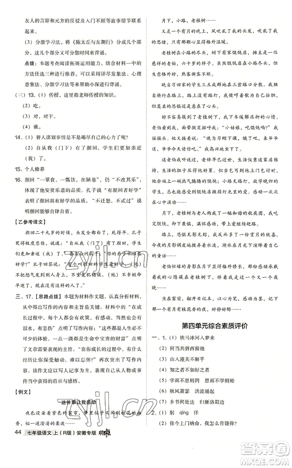 吉林教育出版社2022秋季綜合應(yīng)用創(chuàng)新題典中點(diǎn)提分練習(xí)冊(cè)七年級(jí)上冊(cè)語(yǔ)文人教版安徽專版參考答案