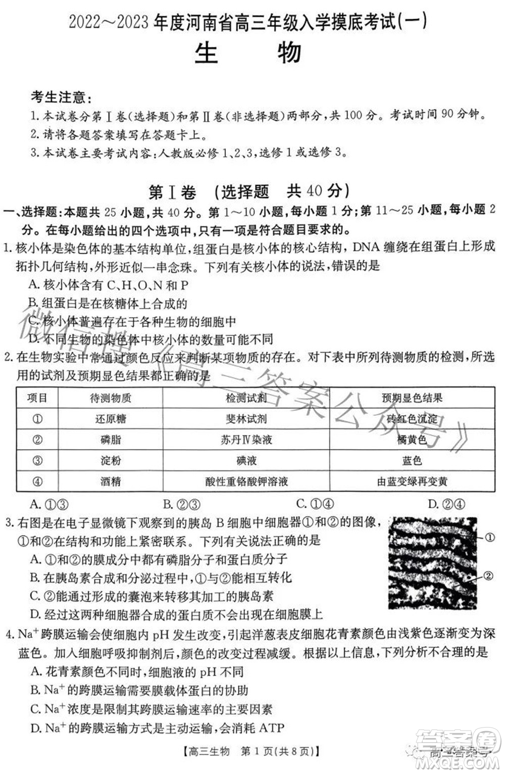 2022-2023年度河南省高三年級入學(xué)摸底考試一生物試題及答案