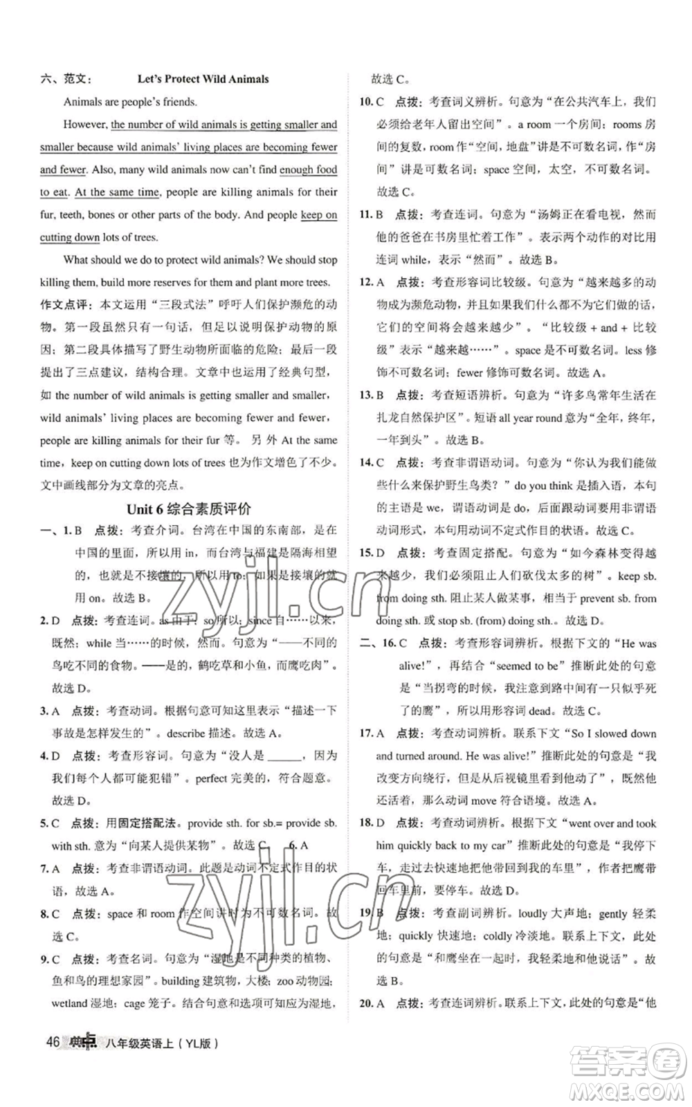 陜西人民教育出版社2022秋季綜合應(yīng)用創(chuàng)新題典中點提分練習(xí)冊八年級上冊英語譯林版參考答案