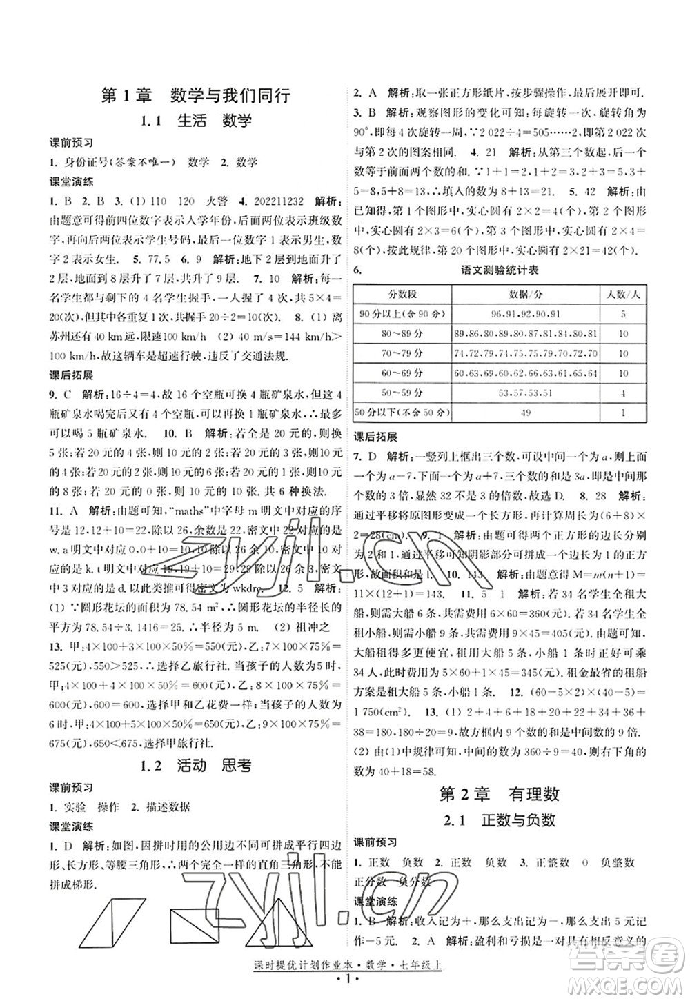 江蘇人民出版社2022課時(shí)提優(yōu)計(jì)劃作業(yè)本七年級(jí)數(shù)學(xué)上冊(cè)SK蘇科版答案