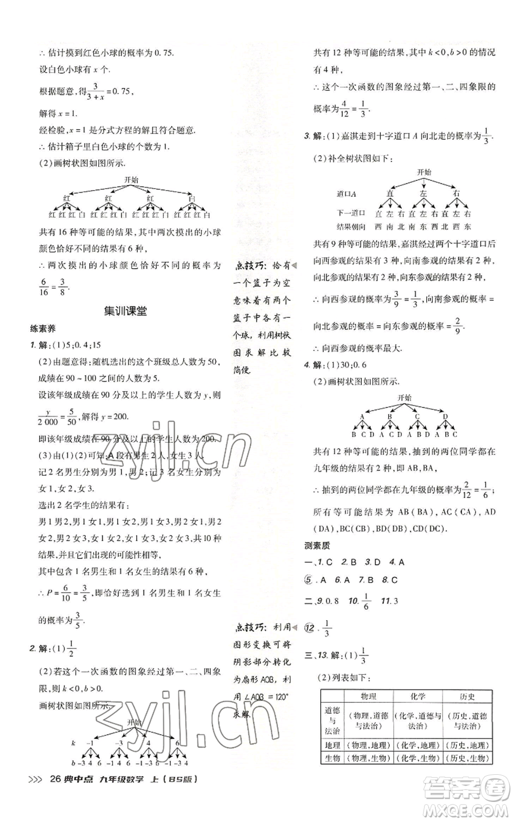 陜西人民教育出版社2022秋季綜合應(yīng)用創(chuàng)新題典中點提分練習(xí)冊九年級上冊數(shù)學(xué)北師大版參考答案