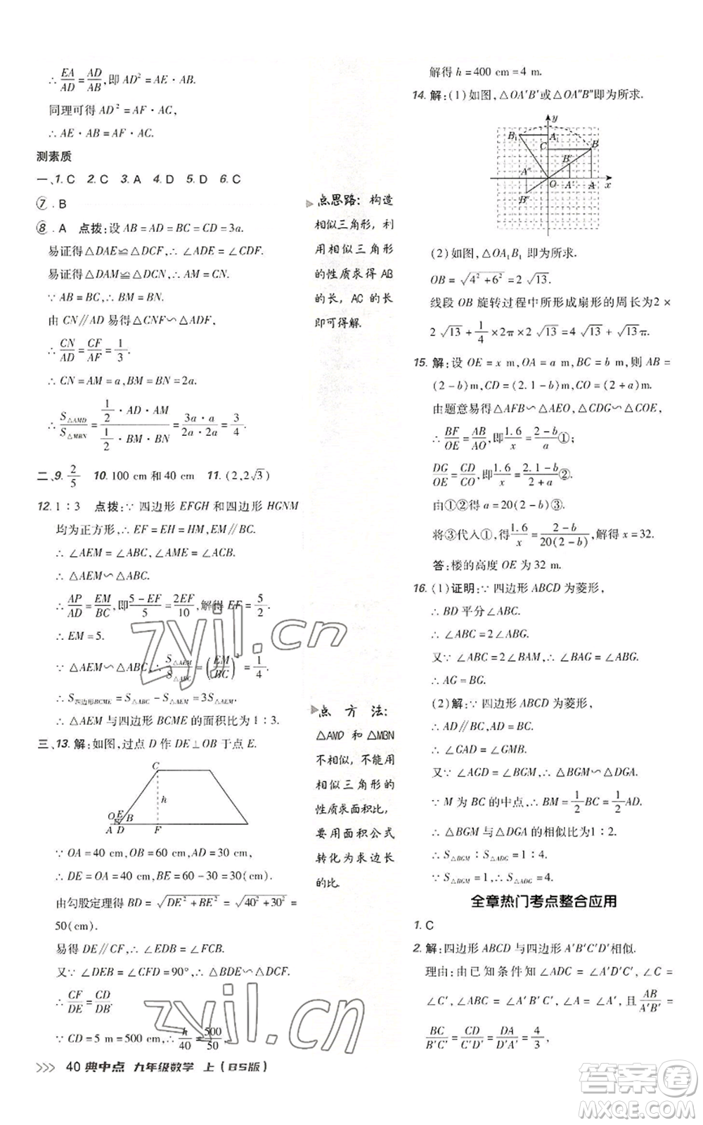 陜西人民教育出版社2022秋季綜合應(yīng)用創(chuàng)新題典中點提分練習(xí)冊九年級上冊數(shù)學(xué)北師大版參考答案