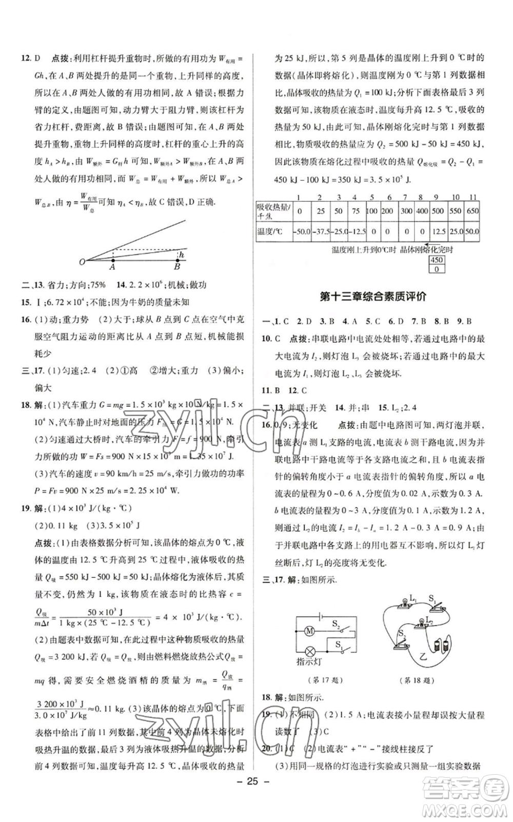 陜西人民教育出版社2022秋季綜合應用創(chuàng)新題典中點提分練習冊九年級上冊物理蘇科版參考答案