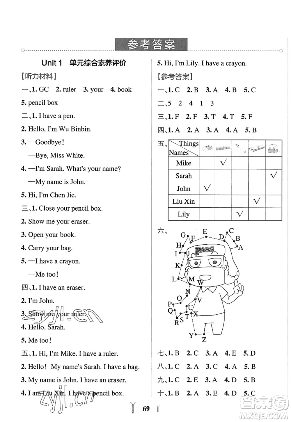 陜西師范大學(xué)出版總社2022PASS小學(xué)學(xué)霸沖A卷三年級(jí)英語(yǔ)上冊(cè)RJ人教版答案