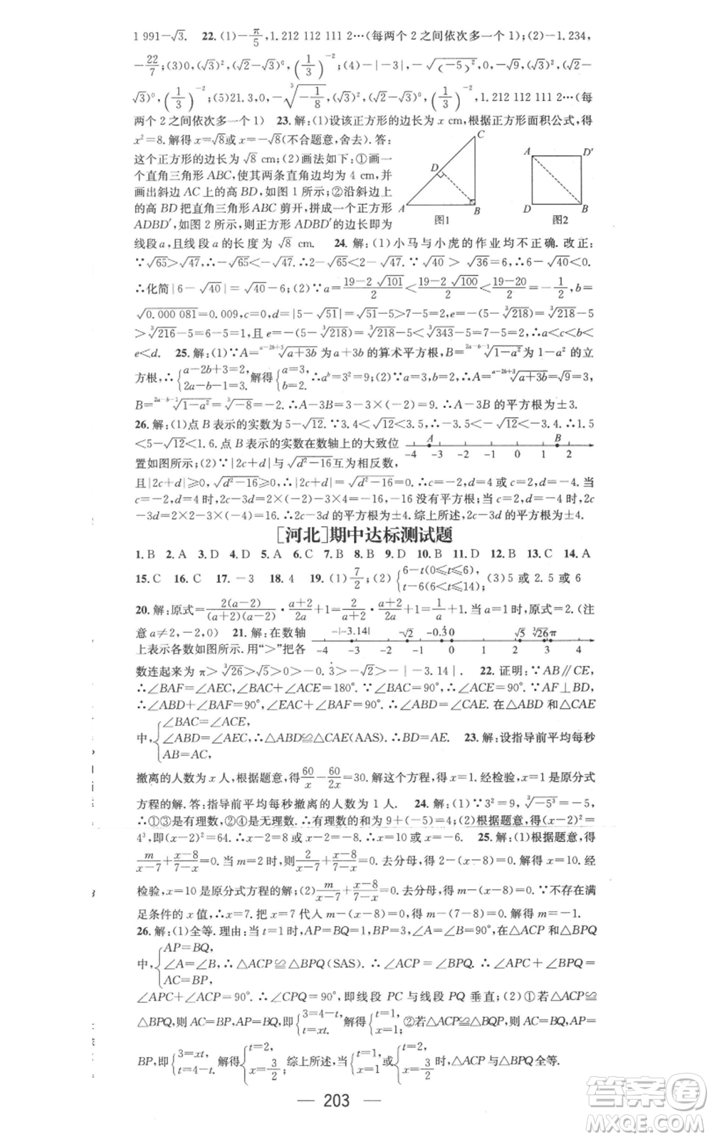 武漢出版社2022秋季名師測控八年級上冊數(shù)學冀教版河北專版參考答案