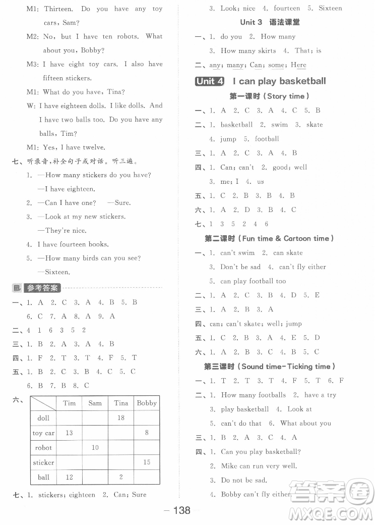 開明出版社2022全品學(xué)練考英語四年級上冊譯林版答案