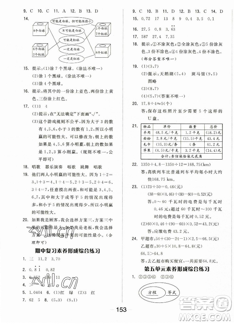 開明出版社2022全品學(xué)練考數(shù)學(xué)五年級(jí)上冊(cè)人教版答案