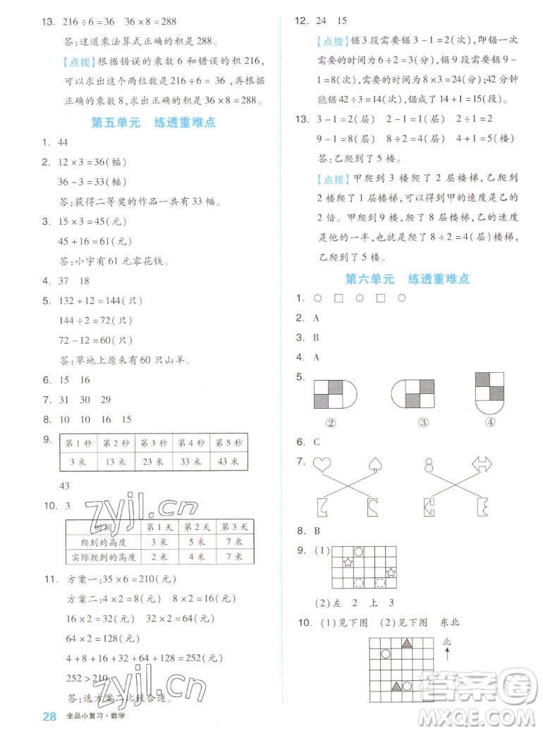 天津人民出版社2022全品小復(fù)習(xí)數(shù)學(xué)三年級(jí)上冊(cè)SJ蘇教版答案