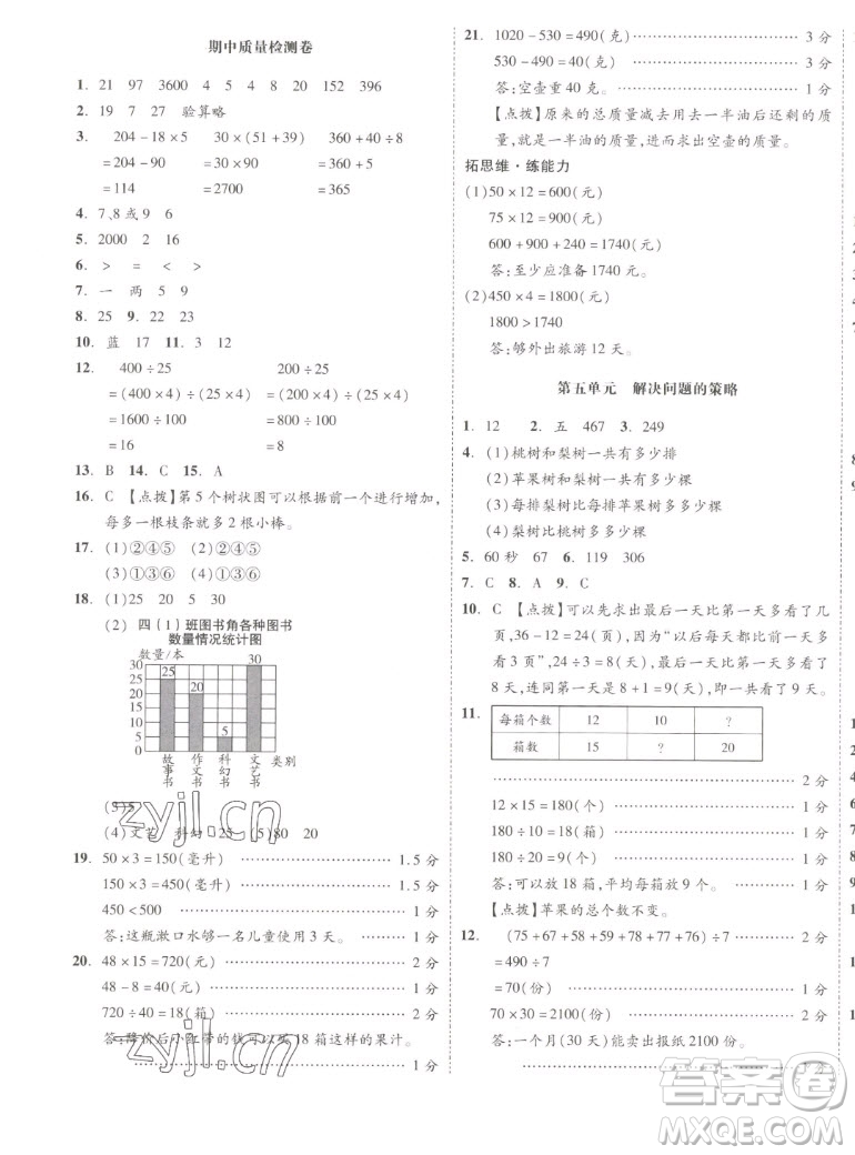 天津人民出版社2022全品小復(fù)習(xí)數(shù)學(xué)四年級(jí)上冊(cè)SJ蘇教版答案