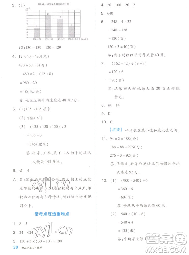 天津人民出版社2022全品小復(fù)習(xí)數(shù)學(xué)四年級(jí)上冊(cè)SJ蘇教版答案