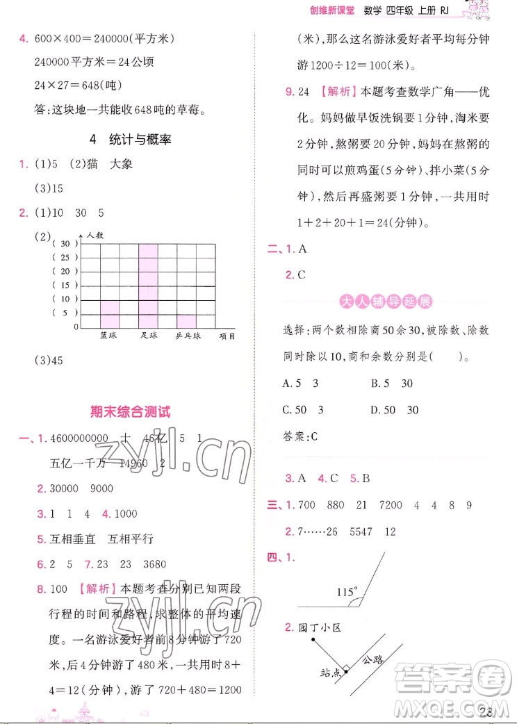 江西人民出版社2022王朝霞創(chuàng)維新課堂數學四年級上冊RJ人教版答案