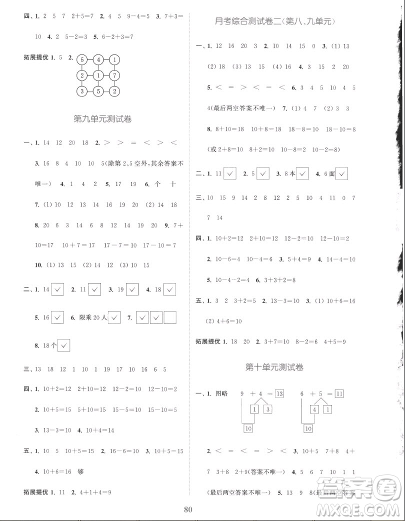 北方婦女兒童出版社2022秋江蘇金考卷數(shù)學(xué)一年級上冊蘇教版答案