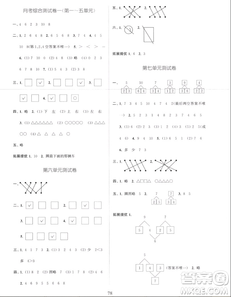 北方婦女兒童出版社2022秋江蘇金考卷數(shù)學(xué)一年級上冊蘇教版答案