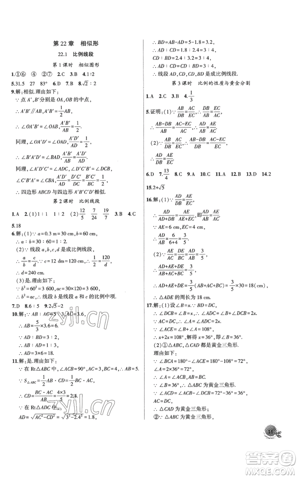 安徽大學出版社2022創(chuàng)新課堂創(chuàng)新作業(yè)本九年級上冊數(shù)學滬科版參考答案