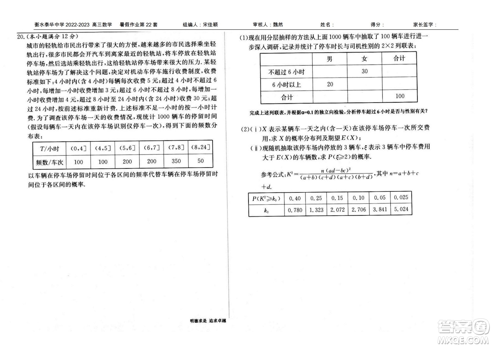 2023屆高三衡水泰華中學(xué)決勝高考數(shù)學(xué)暑假必刷密卷第22套試題及答案