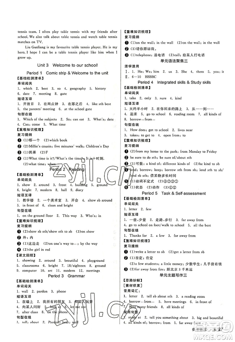 陽光出版社2022全品學練考七年級英語上冊YLNJ譯林牛津版徐州專版答案