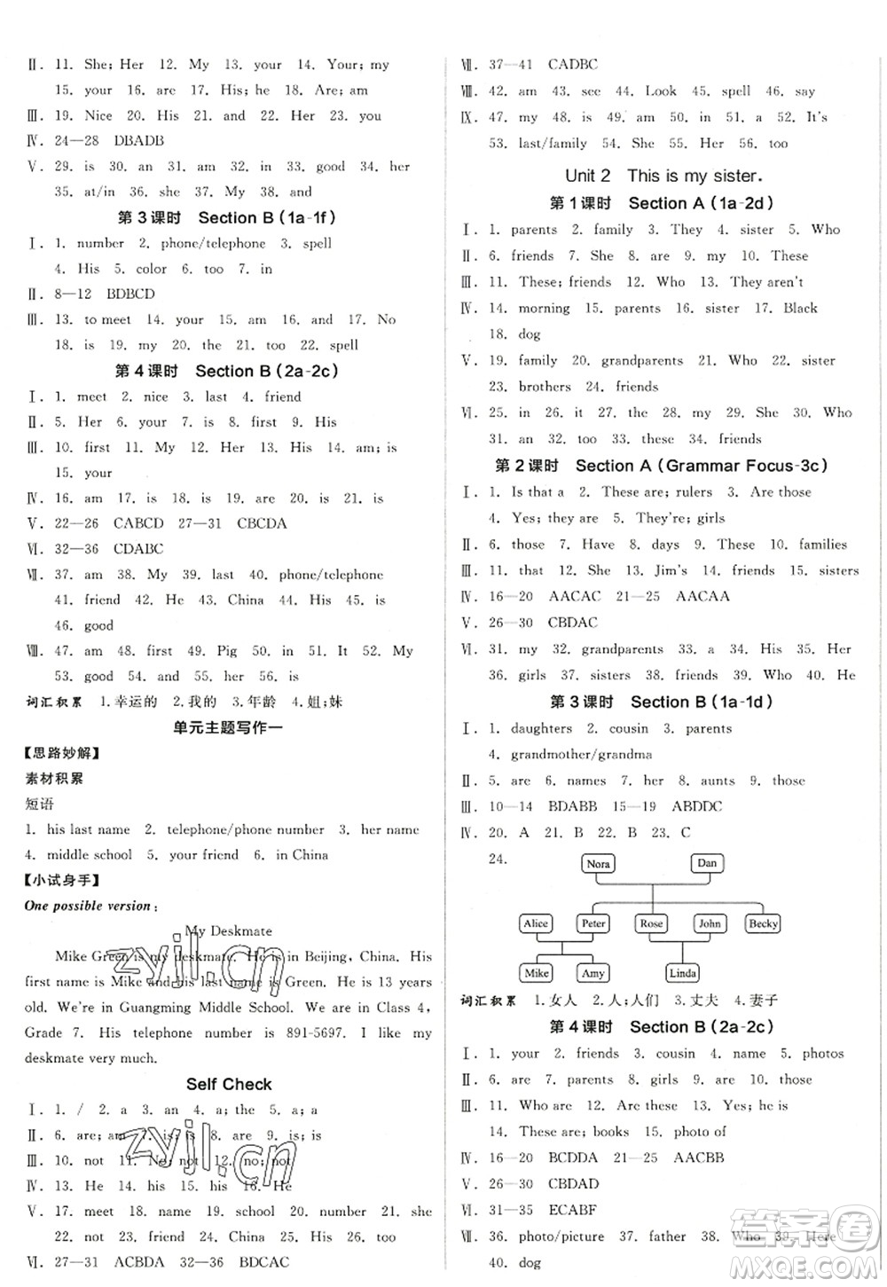 沈陽出版社2022全品學(xué)練考七年級英語上冊RJ人教版浙江專版答案