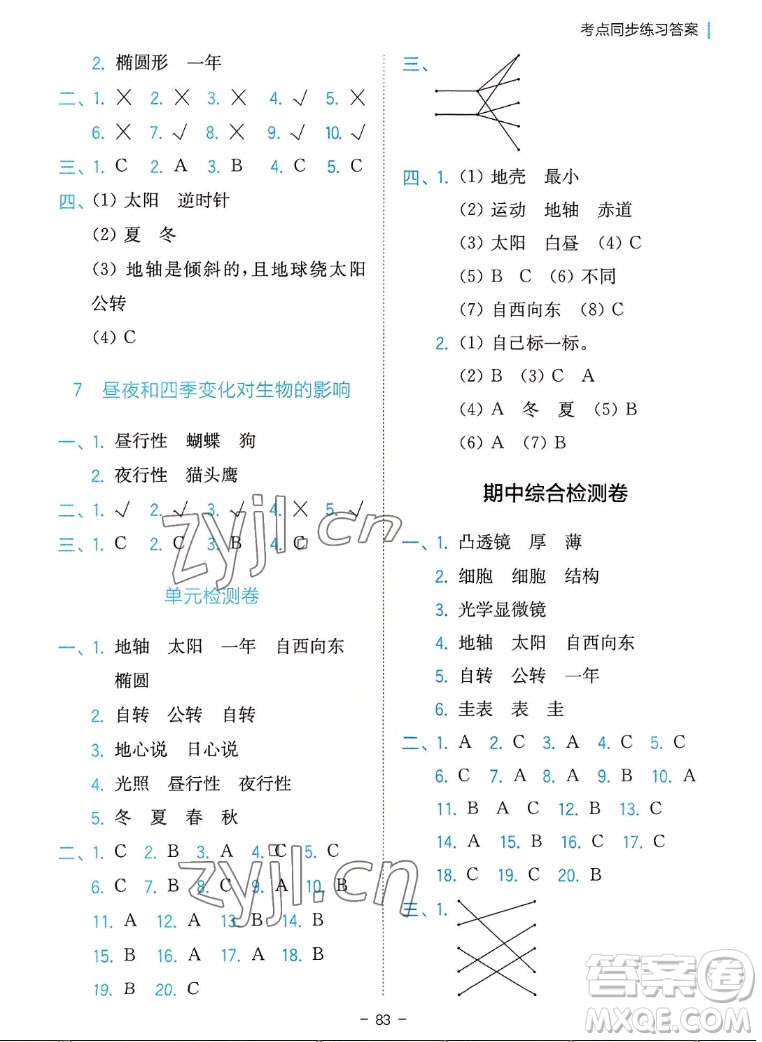 浙江教育出版社2022秋全易通小學(xué)科學(xué)六年級上冊教科版浙教專版答案