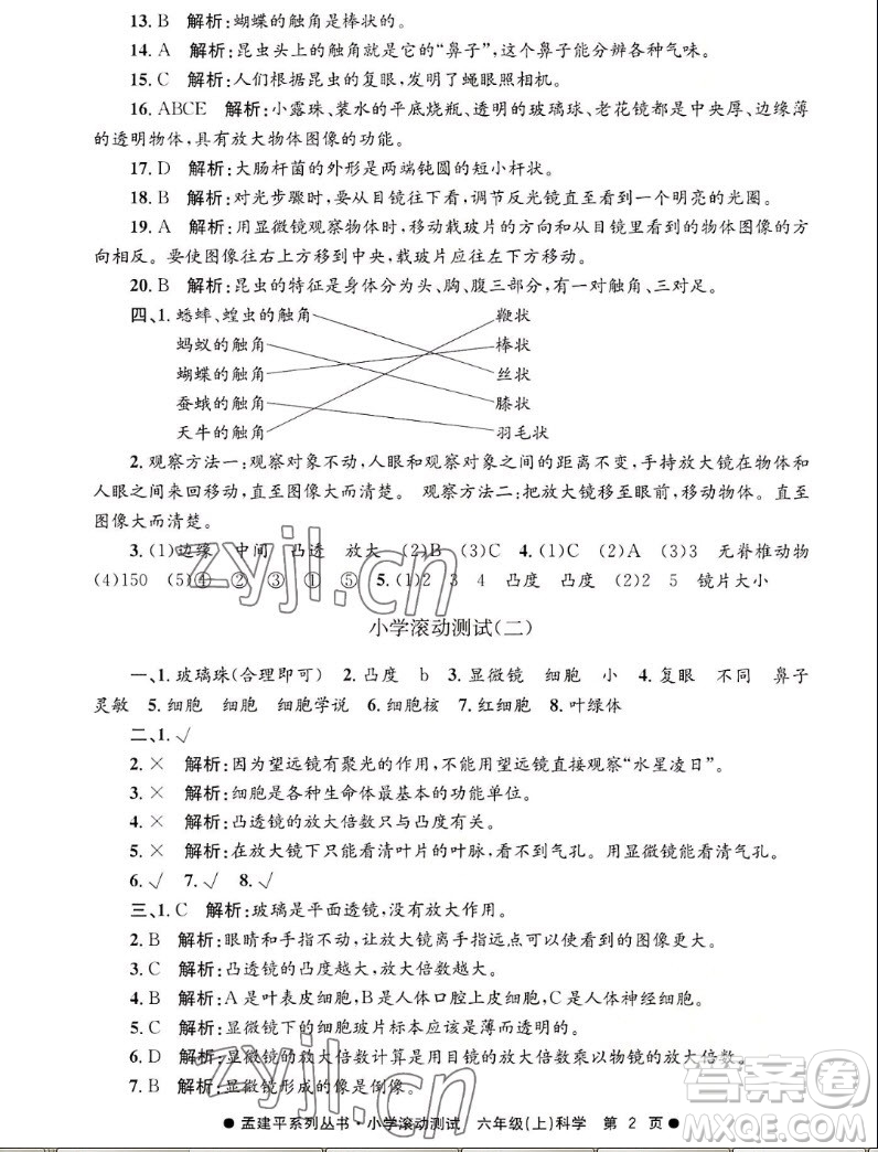 浙江工商大學(xué)出版社2022孟建平小學(xué)滾動(dòng)測試科學(xué)六年級(jí)上教科版答案