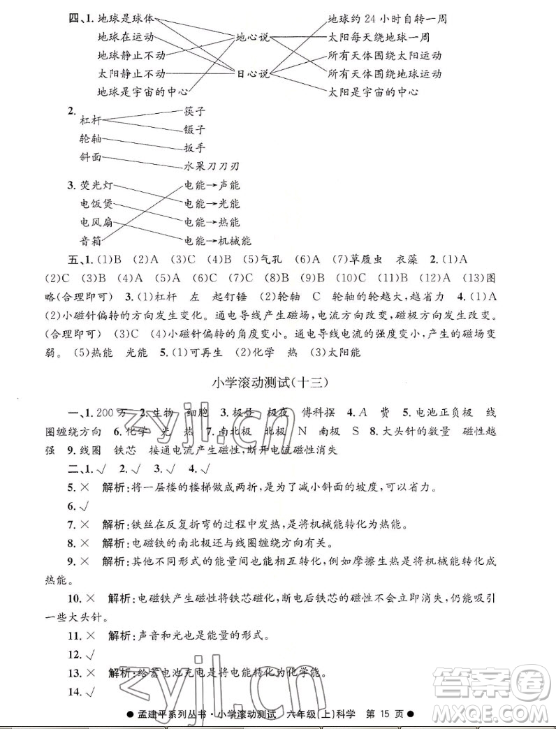 浙江工商大學(xué)出版社2022孟建平小學(xué)滾動(dòng)測試科學(xué)六年級(jí)上教科版答案