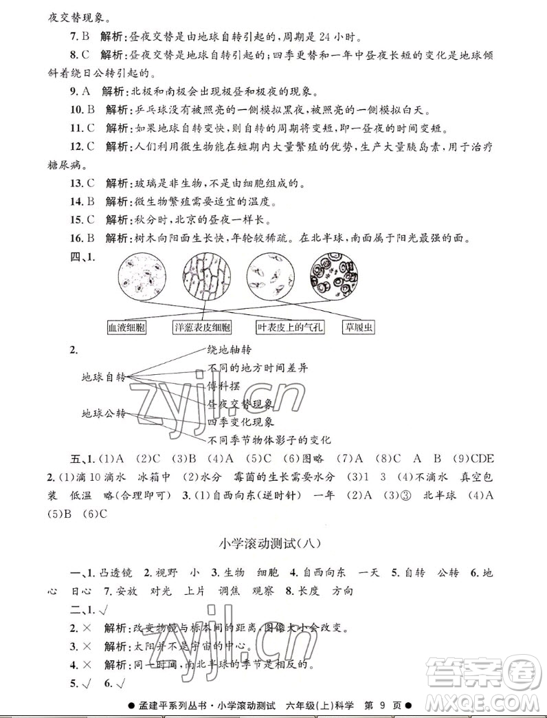 浙江工商大學(xué)出版社2022孟建平小學(xué)滾動(dòng)測試科學(xué)六年級(jí)上教科版答案