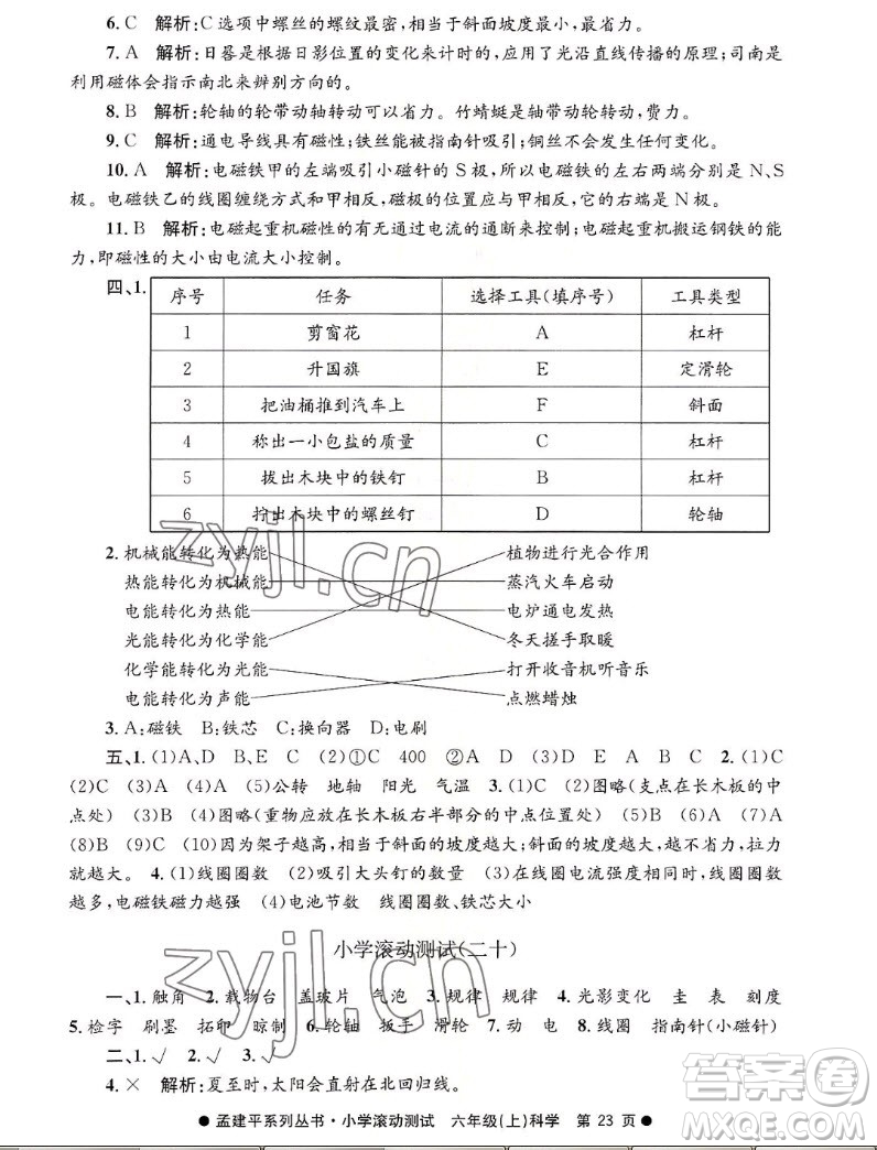 浙江工商大學(xué)出版社2022孟建平小學(xué)滾動(dòng)測試科學(xué)六年級(jí)上教科版答案