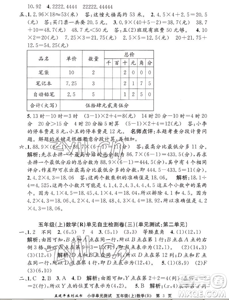 浙江工商大學(xué)出版社2022孟建平小學(xué)單元測(cè)試數(shù)學(xué)五年級(jí)上人教版答案