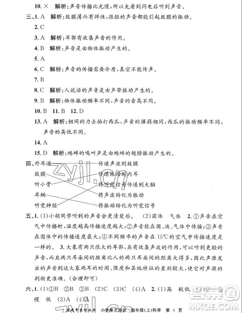 浙江工商大學(xué)出版社2022孟建平小學(xué)單元測(cè)試科學(xué)四年級(jí)上教科版答案