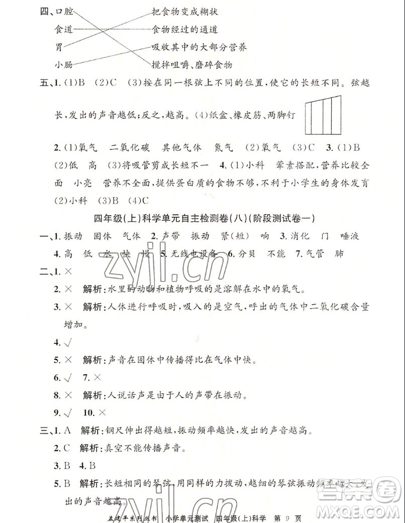 浙江工商大學(xué)出版社2022孟建平小學(xué)單元測(cè)試科學(xué)四年級(jí)上教科版答案