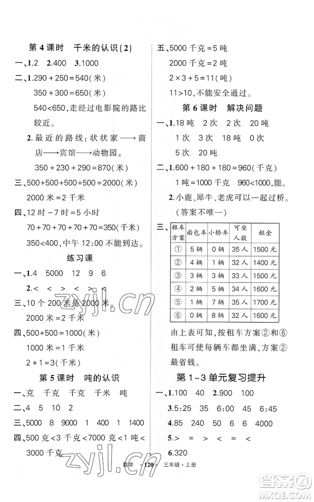 武漢出版社2022秋季狀元成才路創(chuàng)優(yōu)作業(yè)100分三年級(jí)上冊(cè)數(shù)學(xué)人教版湖北專版參考答案