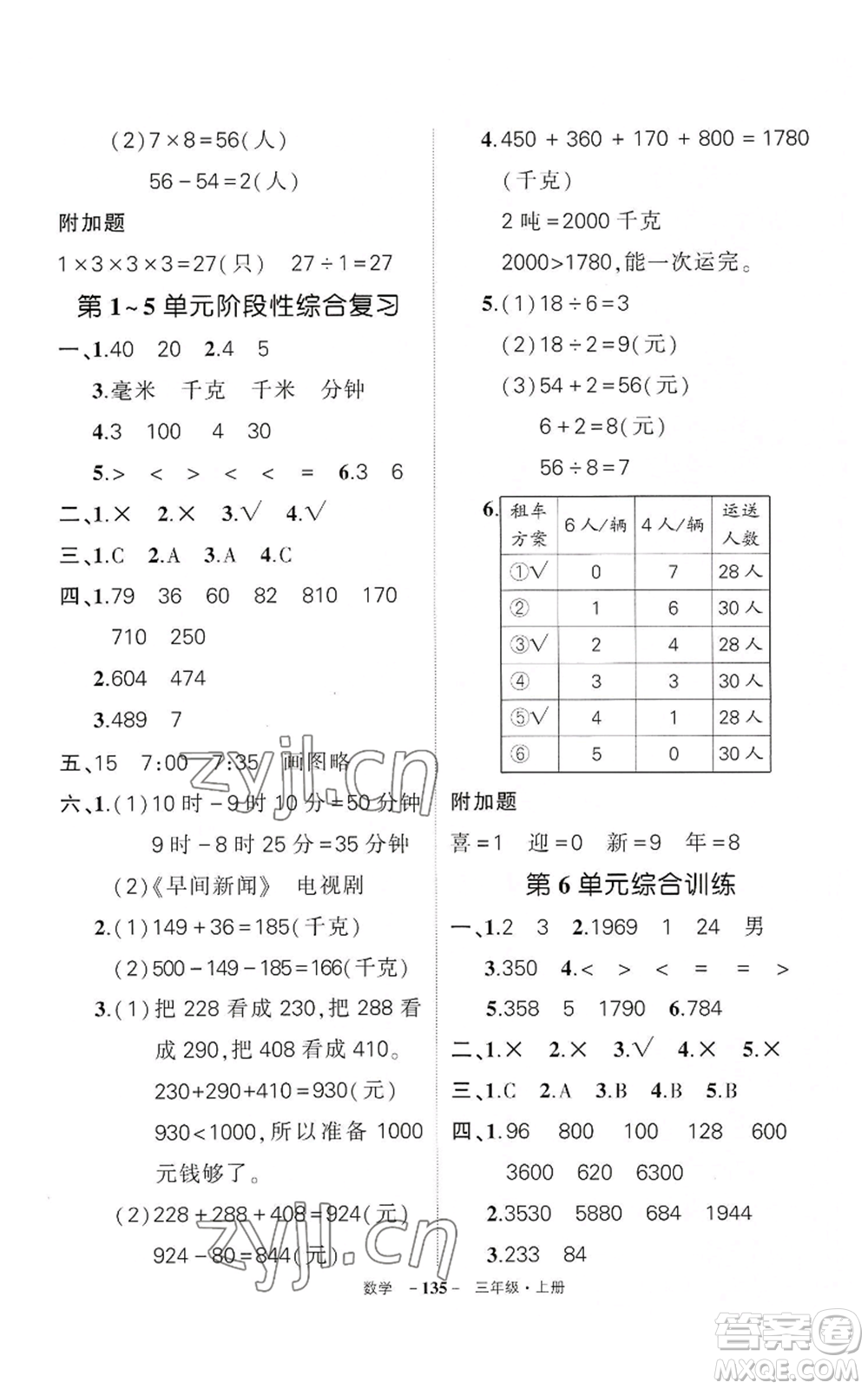 武漢出版社2022秋季狀元成才路創(chuàng)優(yōu)作業(yè)100分三年級(jí)上冊(cè)數(shù)學(xué)人教版湖北專版參考答案