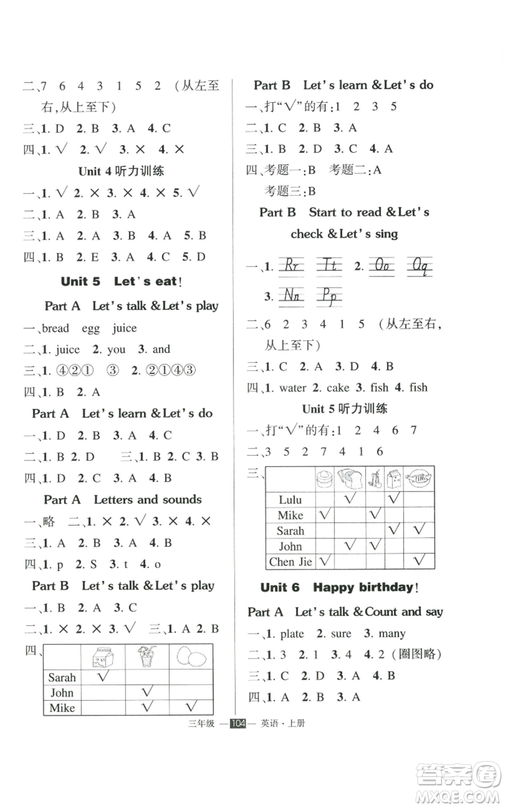 長江出版社2022秋季狀元成才路創(chuàng)優(yōu)作業(yè)100分三年級上冊英語人教版參考答案