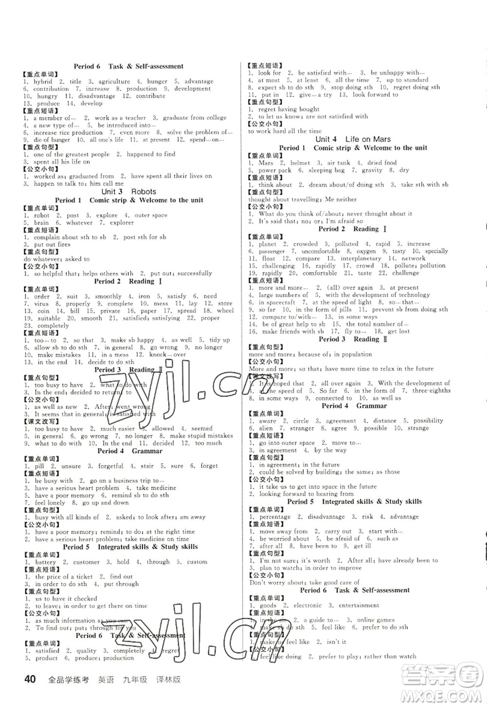 陽(yáng)光出版社2022全品學(xué)練考九年級(jí)英語(yǔ)全一冊(cè)YLNJ譯林牛津版徐州專版答案