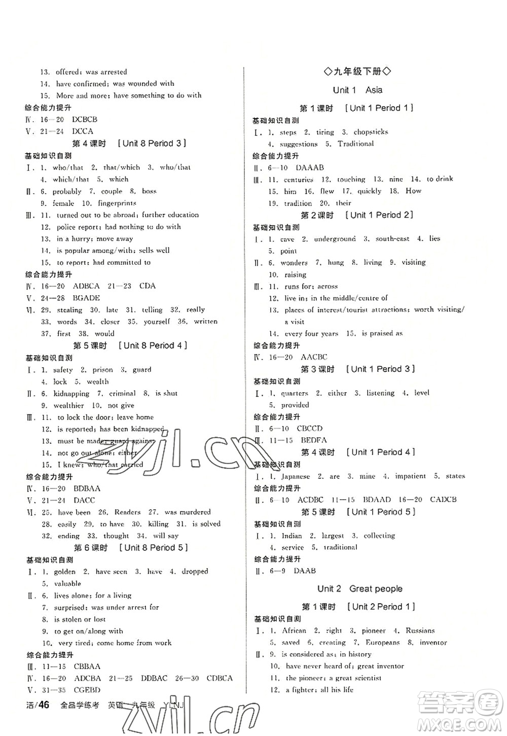 沈陽(yáng)出版社2022全品學(xué)練考九年級(jí)英語(yǔ)全一冊(cè)YLNJ譯林牛津版答案