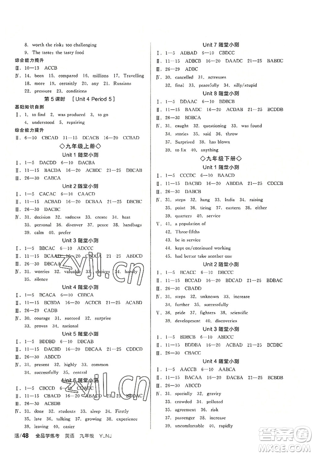 沈陽(yáng)出版社2022全品學(xué)練考九年級(jí)英語(yǔ)全一冊(cè)YLNJ譯林牛津版答案