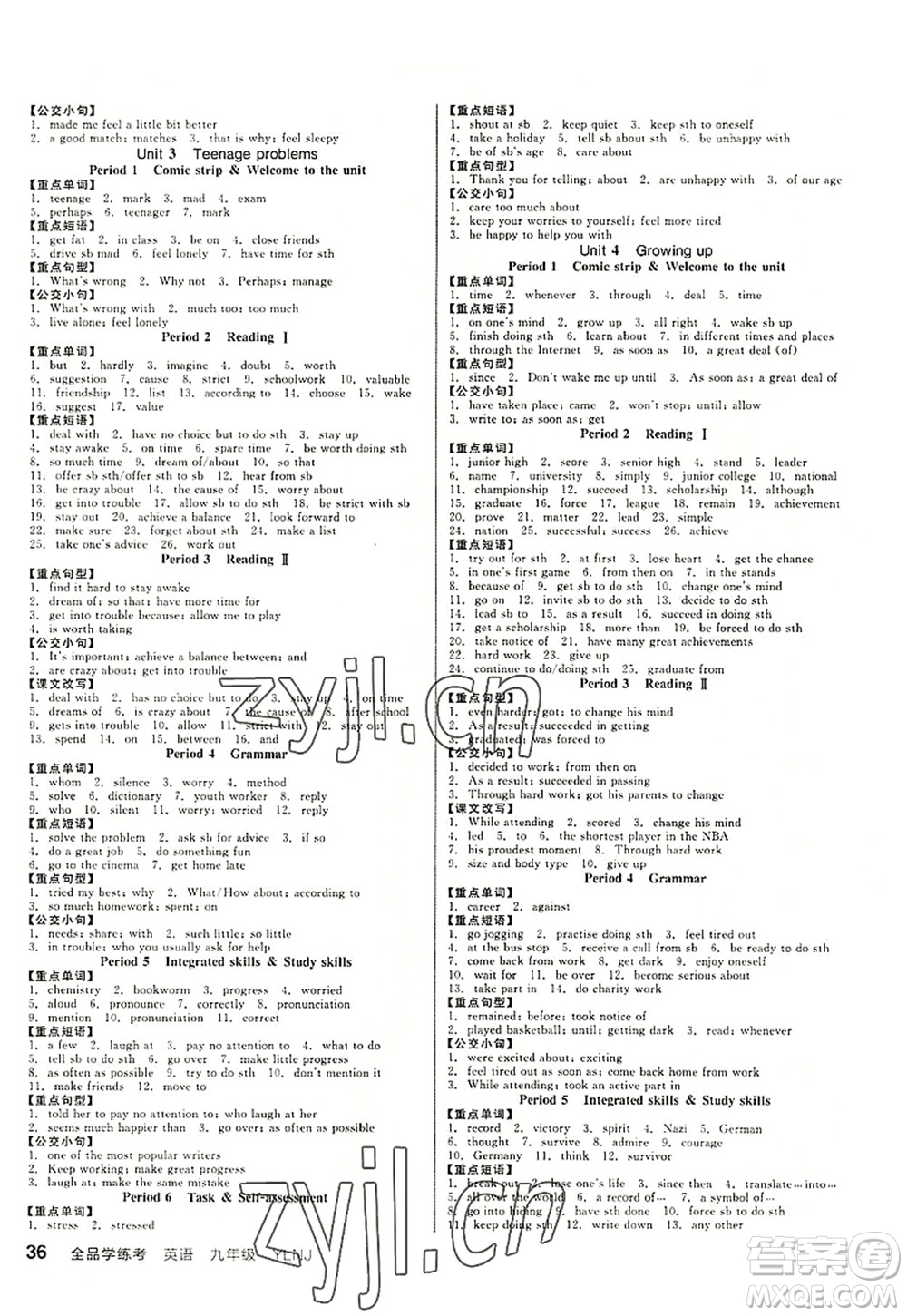 沈陽(yáng)出版社2022全品學(xué)練考九年級(jí)英語(yǔ)全一冊(cè)YLNJ譯林牛津版答案