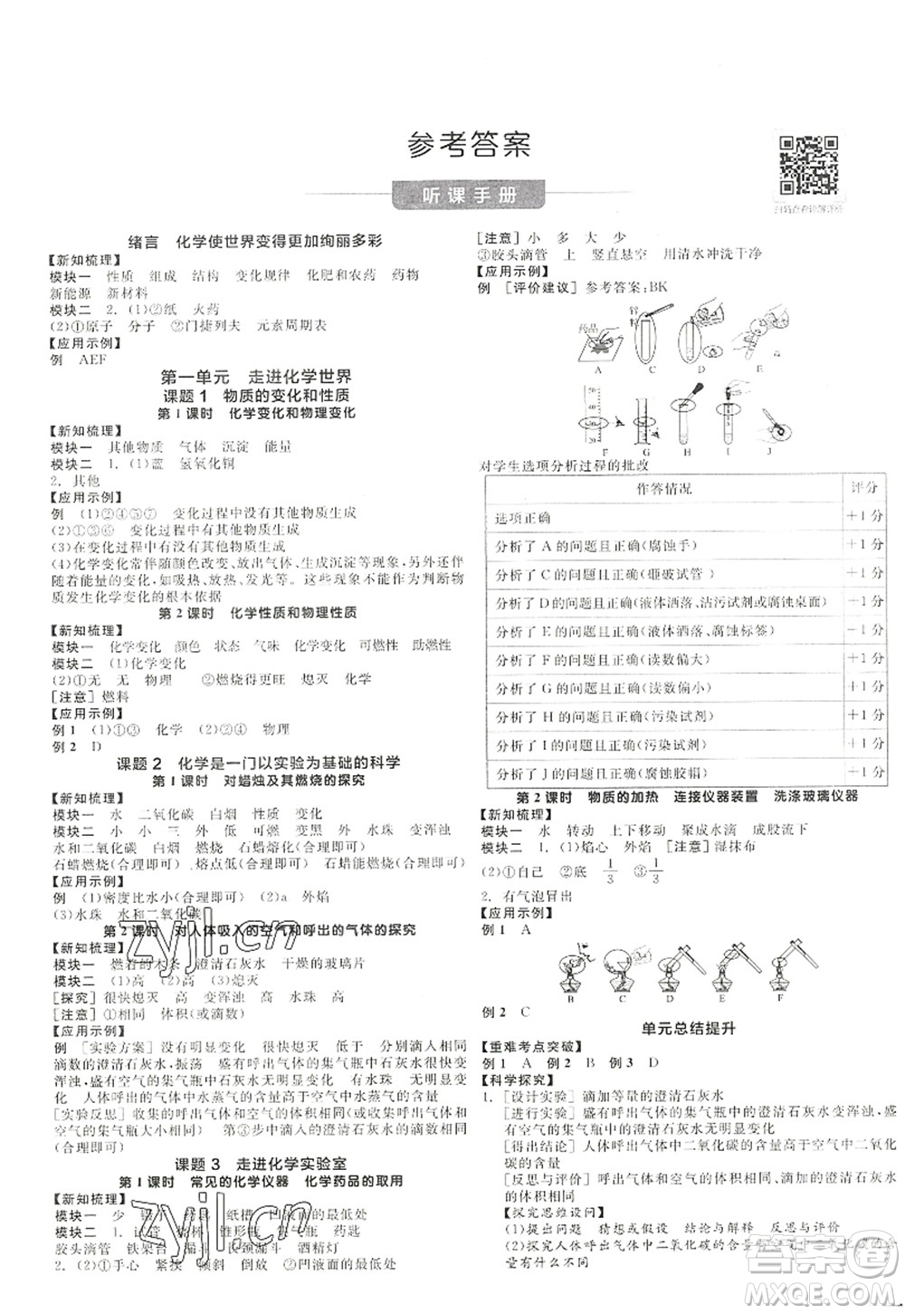 陽光出版社2022全品學(xué)練考九年級化學(xué)上冊RJ人教版江西專版答案