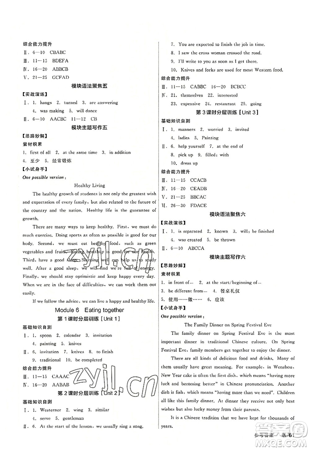 沈陽出版社2022全品學(xué)練考九年級英語全一冊WY外研版廣西專版答案