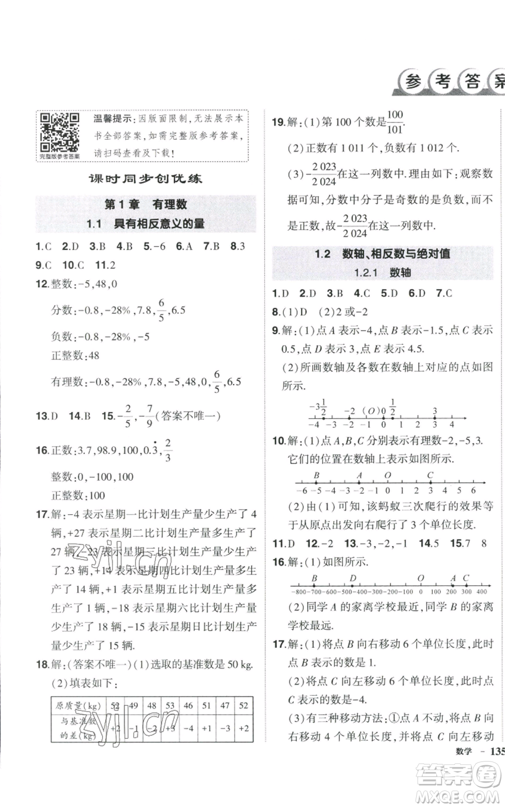 吉林教育出版社2022秋季狀元成才路創(chuàng)優(yōu)作業(yè)七年級上冊數(shù)學(xué)湘教版參考答案