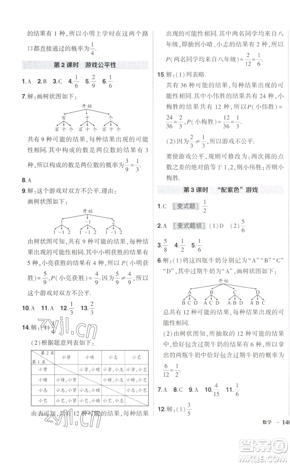 長江出版社2022秋季狀元成才路創(chuàng)優(yōu)作業(yè)九年級上冊數(shù)學(xué)北師大版參考答案