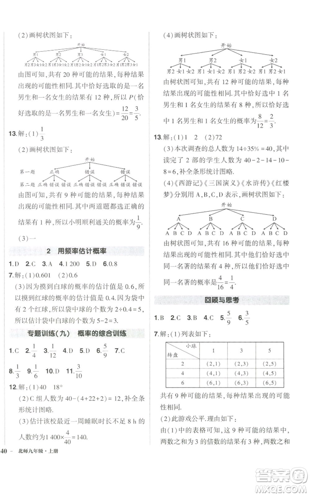 長江出版社2022秋季狀元成才路創(chuàng)優(yōu)作業(yè)九年級上冊數(shù)學(xué)北師大版參考答案