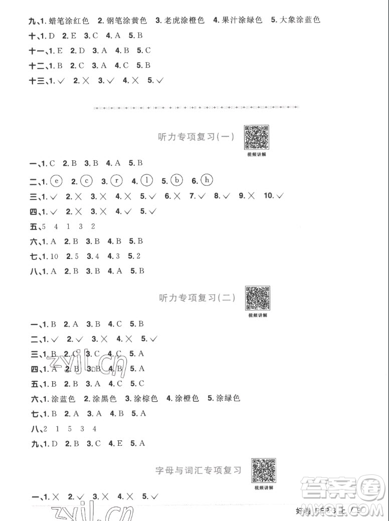 江西教育出版社2022陽(yáng)光同學(xué)一線名師全優(yōu)好卷英語(yǔ)三年級(jí)上冊(cè)人教版答案