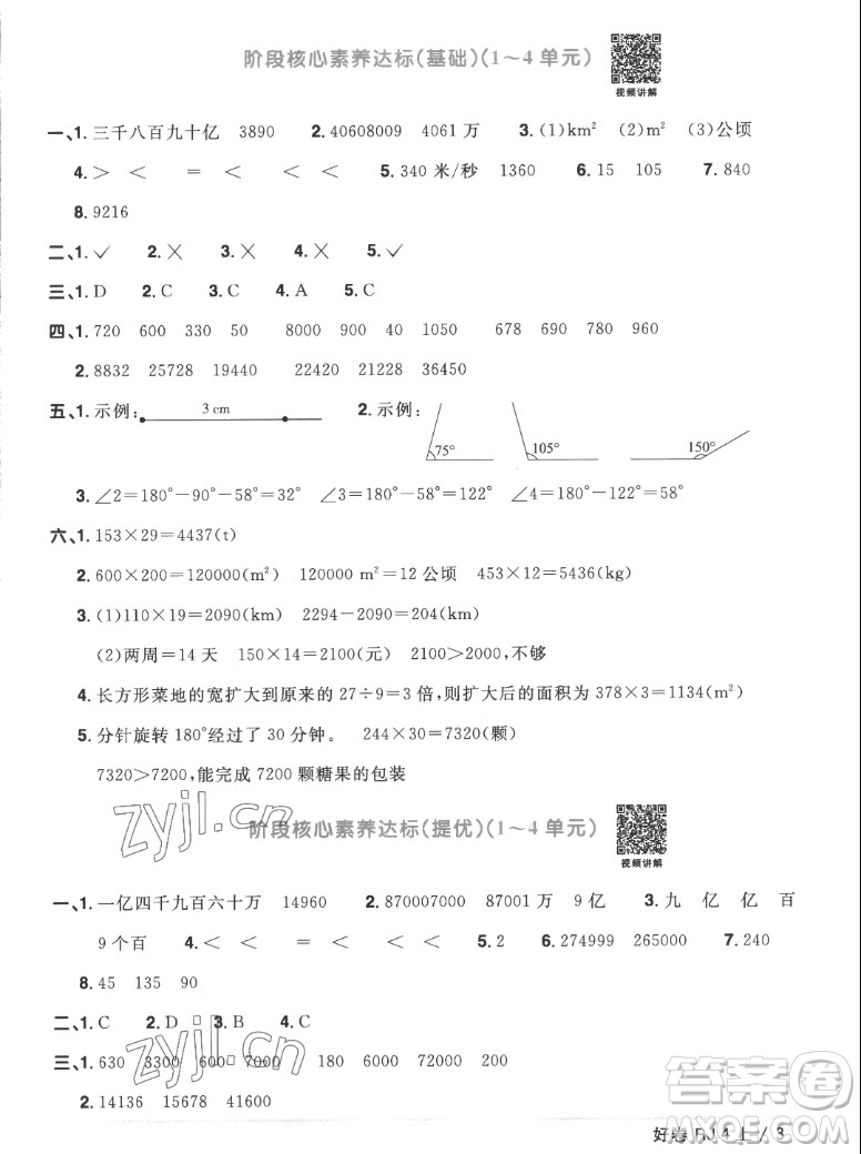 江西教育出版社2022陽(yáng)光同學(xué)一線名師全優(yōu)好卷數(shù)學(xué)四年級(jí)上冊(cè)人教版答案