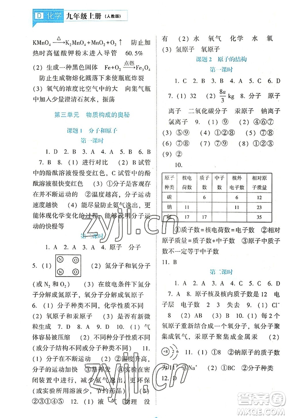 遼海出版社2022新課程化學(xué)能力培養(yǎng)九年級(jí)上冊人教版D版大連專用答案