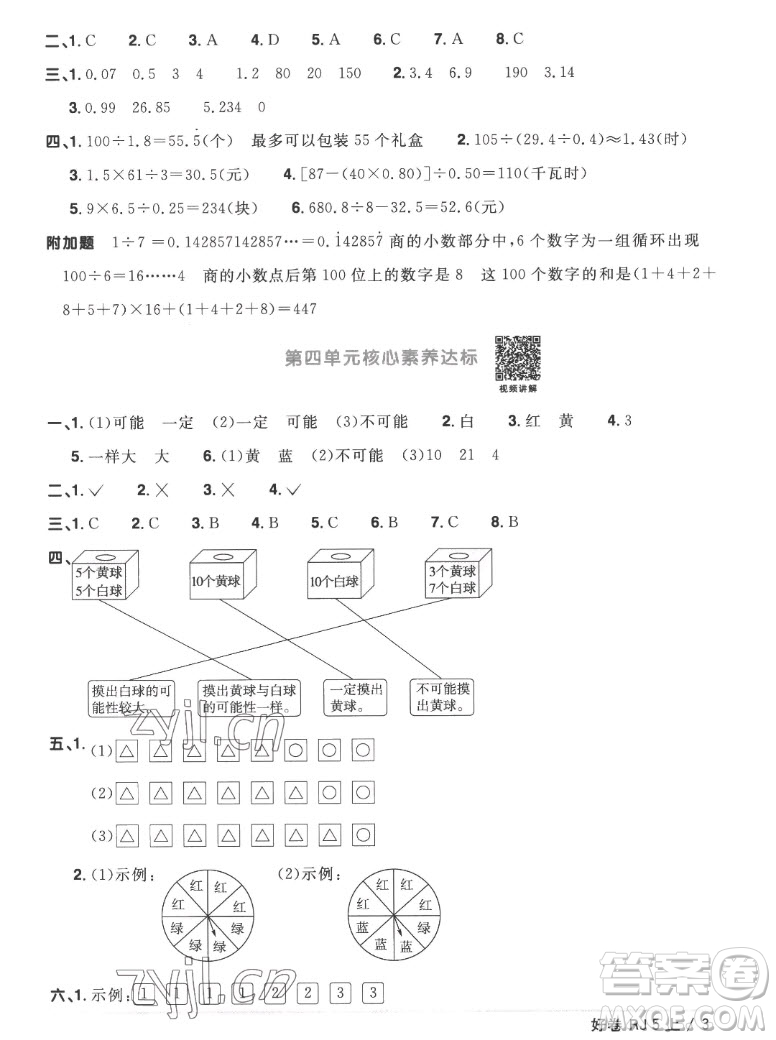 江西教育出版社2022陽光同學(xué)一線名師全優(yōu)好卷數(shù)學(xué)五年級(jí)上冊(cè)人教版答案