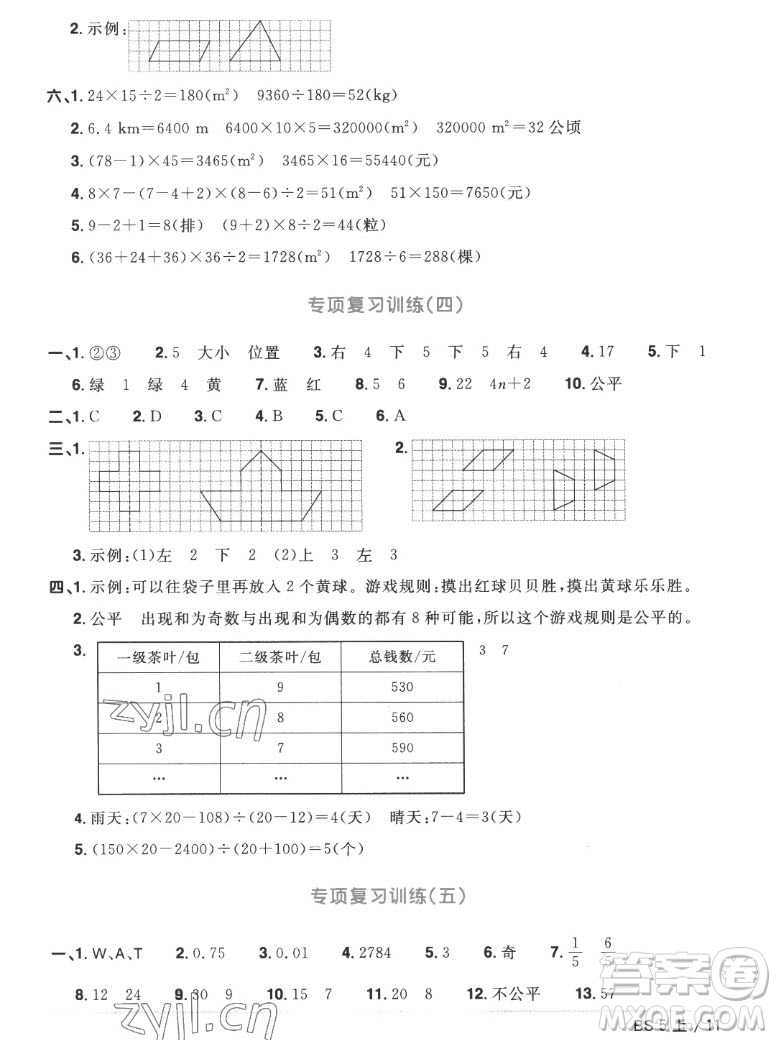 江西教育出版社2022陽光同學一線名師全優(yōu)好卷數(shù)學五年級上冊北師版答案