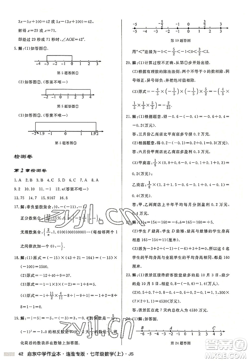 龍門書局2022啟東中學作業(yè)本七年級數(shù)學上冊JS江蘇版連淮專版答案