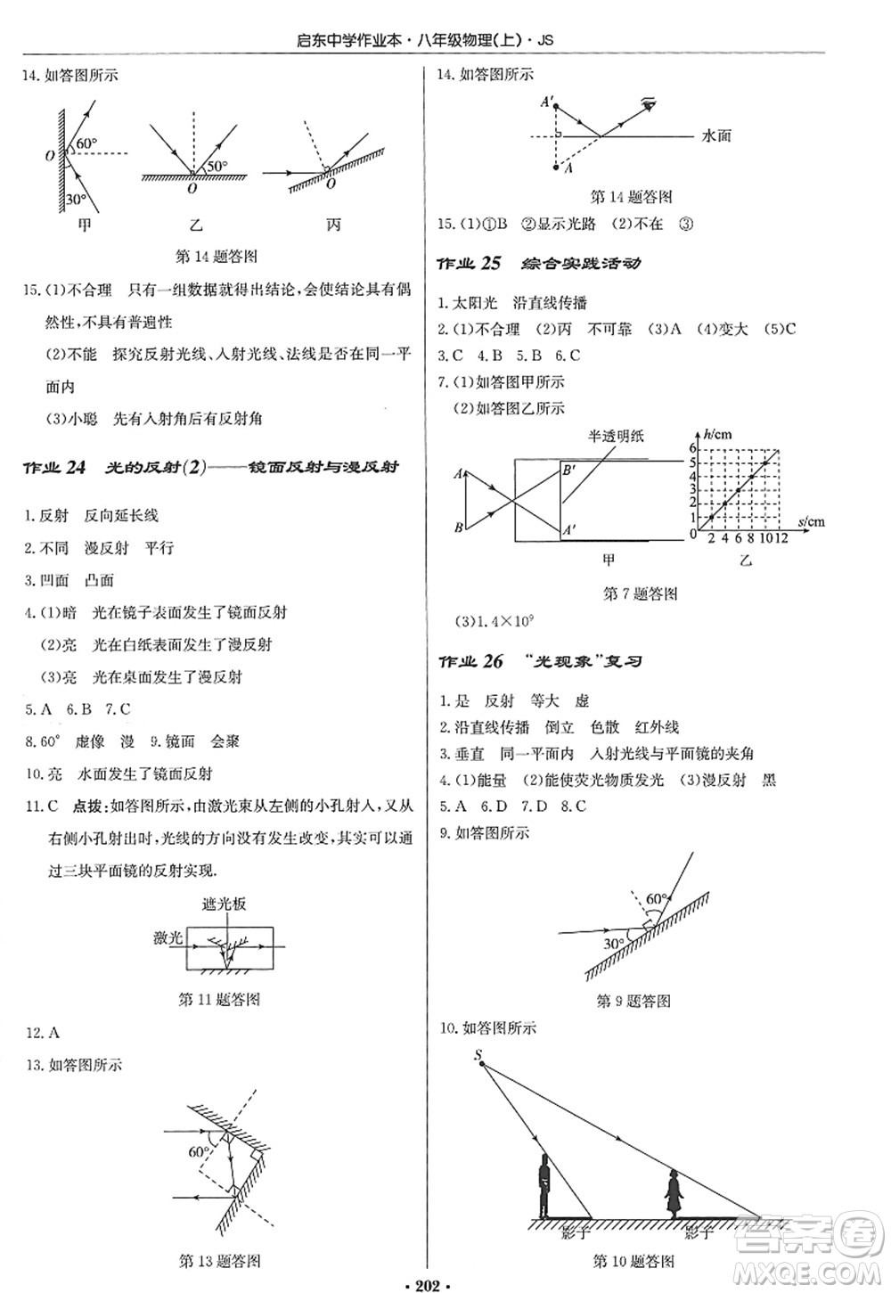 龍門書局2022啟東中學作業(yè)本八年級物理上冊JS江蘇版答案